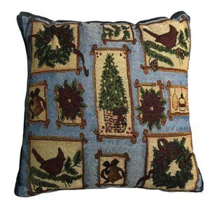 Holiday Tapestry Pillow Festive Wreath, Tree & Cardinal Design 14.5 X 14.5”